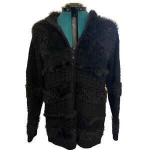 Olsen Europe Black Textured Wool Blend Zip Sweater Jacket Faux Fur Trim Womens L